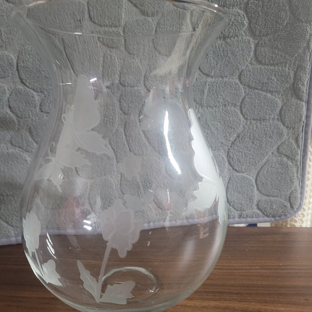 Beautiful heavy glass butterfly flower etched vase
